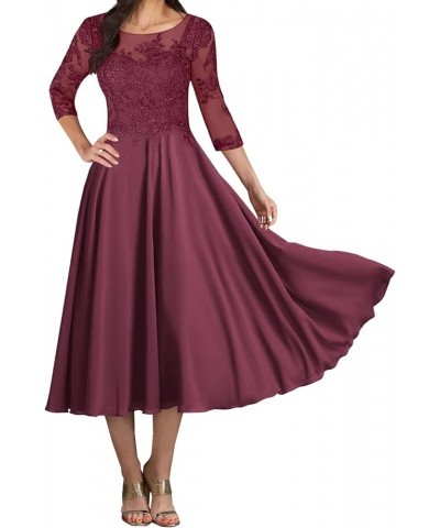 Mother of The Bride Dresses Tea Length Lace 3/4 Sleeve Chiffon Evening Dress Formal Gowns Pink $41.00 Dresses