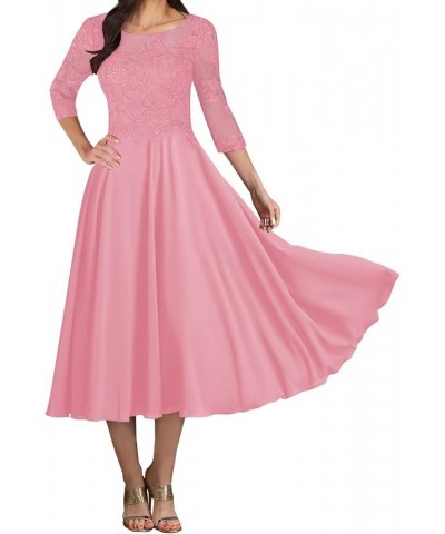 Mother of The Bride Dresses Tea Length Lace 3/4 Sleeve Chiffon Evening Dress Formal Gowns Pink $41.00 Dresses