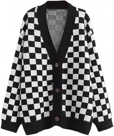 Women's Fall Checkered Long Sleeve Cardigan Sweet Cute Cozy Knit Sweater Coat 1_black $20.13 Sweaters