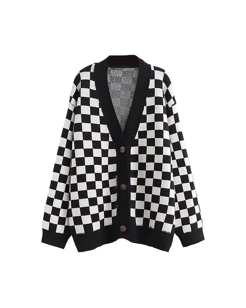 Women's Fall Checkered Long Sleeve Cardigan Sweet Cute Cozy Knit Sweater Coat 1_black $20.13 Sweaters