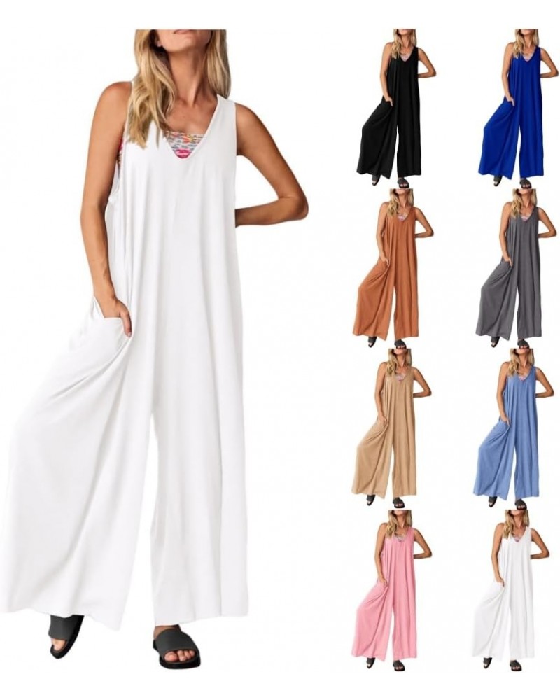Jumpsuit for Women Dressy Tank V Neck Overalls Loose Fit Plus Size Wide Leg Pants Casual Rompers One Piece Jumpers White $10....