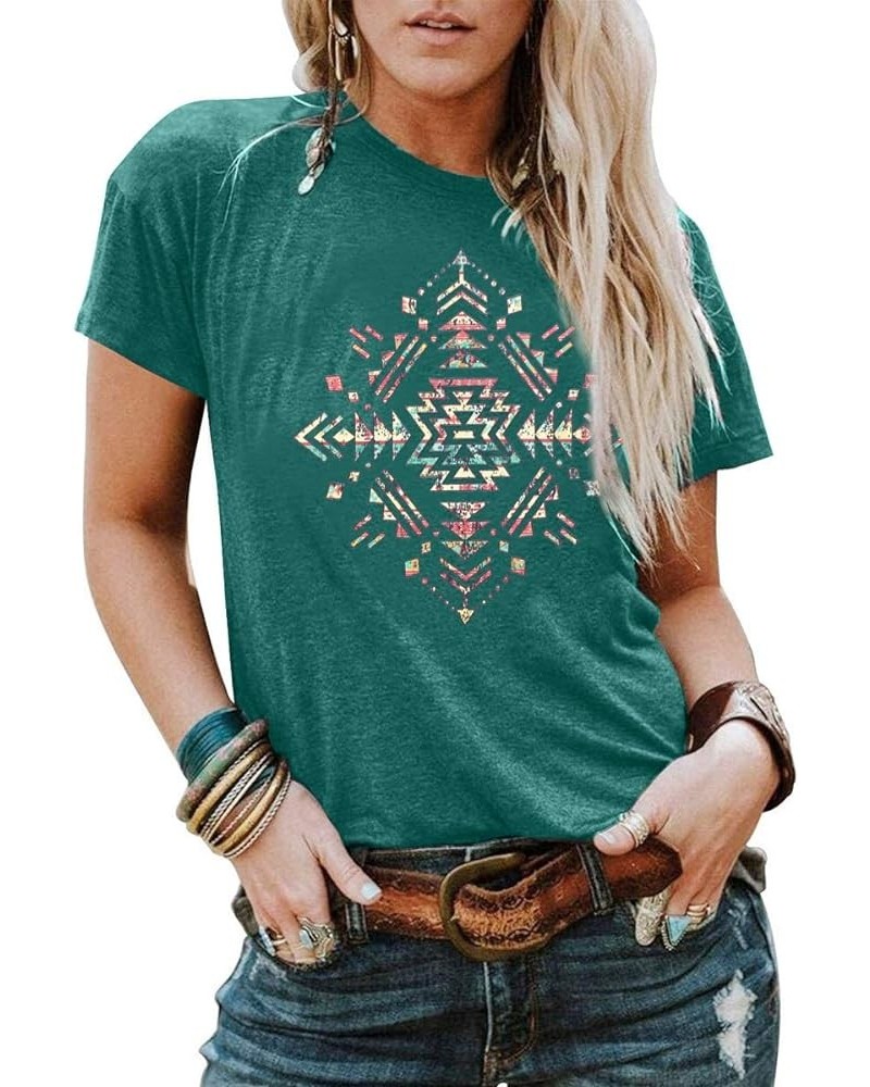 Aztec Shirts for Women Funny Geometric T-Shirt Retro Western Tee Shirt Casual Short Sleeve Ethnic Tops Blue $14.45 T-Shirts