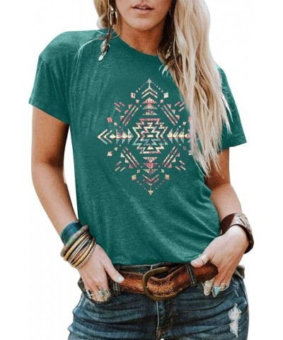 Aztec Shirts for Women Funny Geometric T-Shirt Retro Western Tee Shirt Casual Short Sleeve Ethnic Tops Blue $14.45 T-Shirts