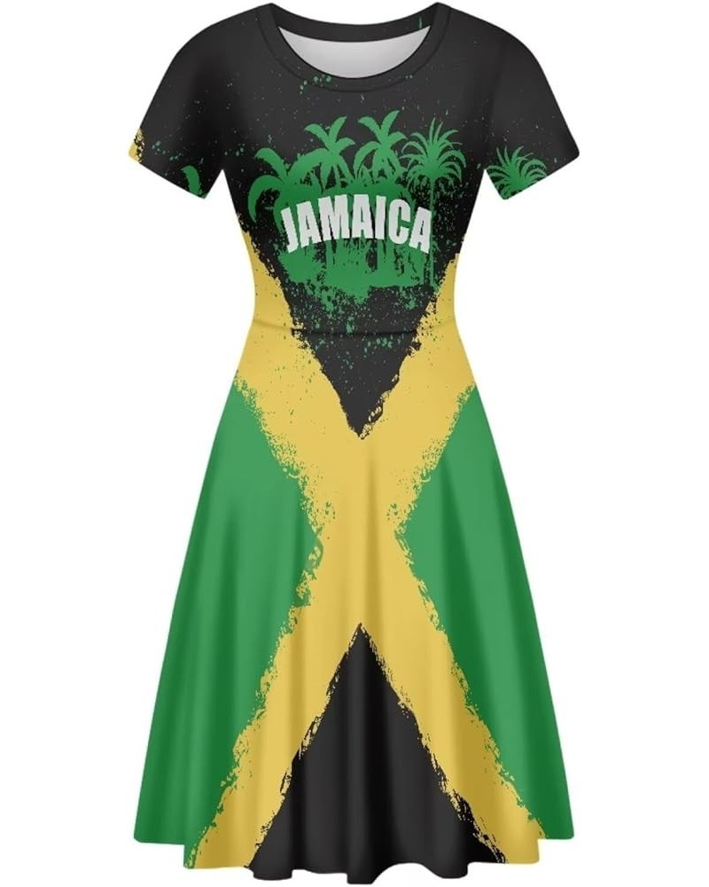 Women Puffy Swing Elegant Party Midi Dresses Short Sleeve Round Neck A-Line Dress Jamaica Print $14.95 Dresses