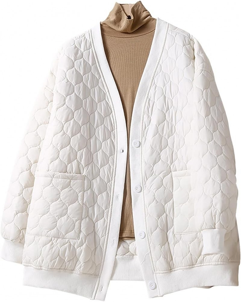 Winter Button Down Quilted Coats For Women Fashion Warm Long Sleeve V Neck Loose Fit Lightweight Coats,Pockets A1-white $12.4...