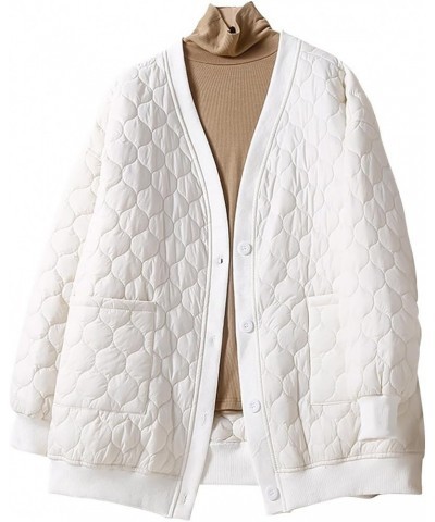 Winter Button Down Quilted Coats For Women Fashion Warm Long Sleeve V Neck Loose Fit Lightweight Coats,Pockets A1-white $12.4...