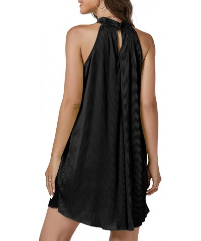 Women's Halter Neck Sleeveless Pleated Keyhole Back Flowy Beach Mini Dress Black $27.13 Dresses