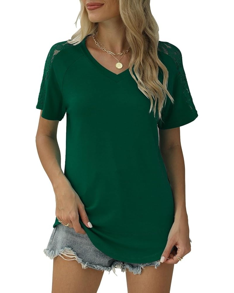 Womens Tops Summer Short Lace Sleeve V Neck Shirts Casual Loose Tshirts Trendy 2024 Green $12.25 T-Shirts