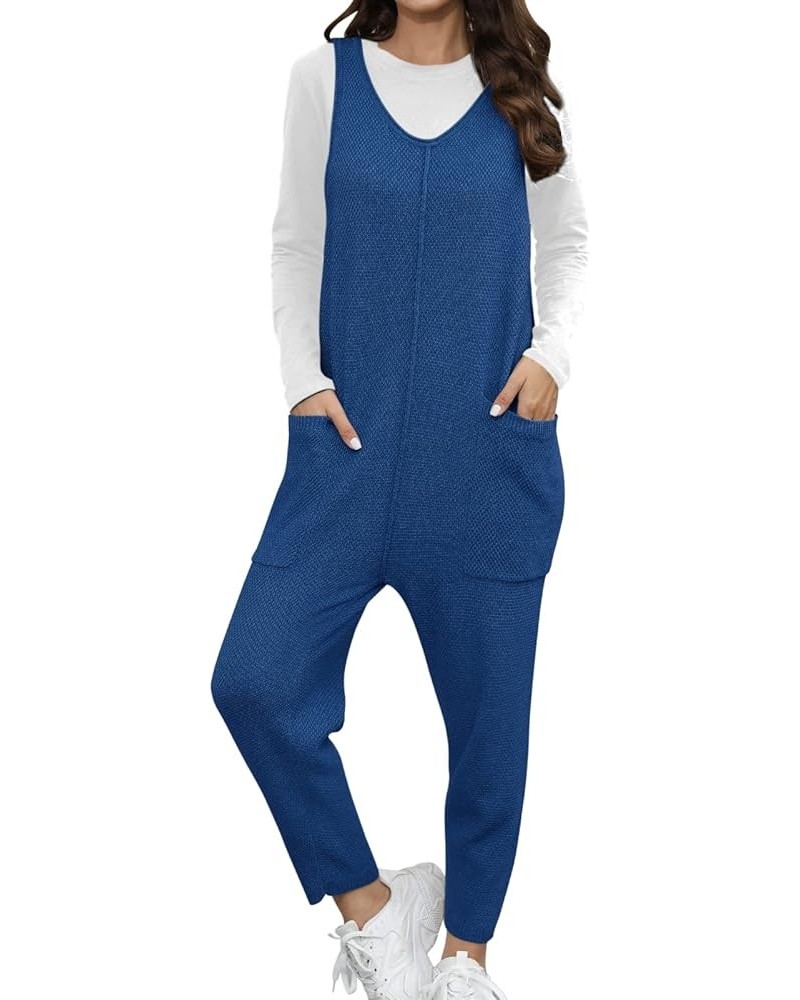 Women Casual V Neck Sleeveless Sweater Jumpsuits Stretchy Fit One Piece Long Pants Sweater Overalls with Pockets Dark Blue $1...