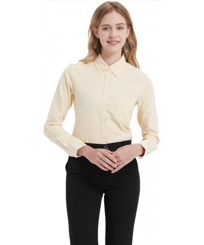 Button Up Shirt Women Long Sleeve Oxford Shirt Classic-Fit Cotton Work Blouse Wrinkle Resistant Yellow Stripe $16.24 Blouses