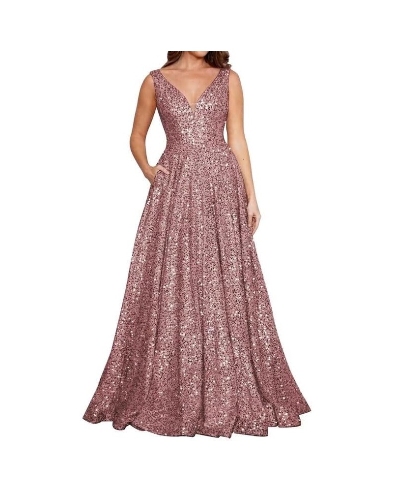 Sequin Prom Dresses for Women 2024 Long Ball Gown A-Line V Neck Sparkly Formal Evening Gowns with Pockets ACE48 Dusty-rose $3...
