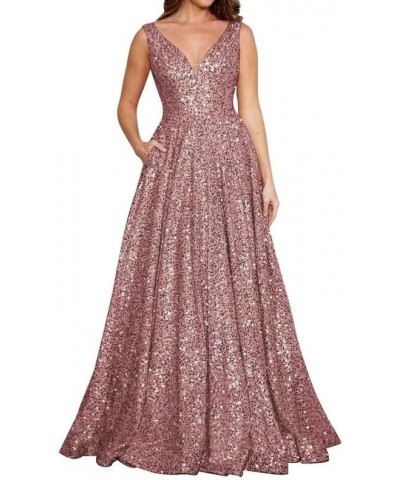 Sequin Prom Dresses for Women 2024 Long Ball Gown A-Line V Neck Sparkly Formal Evening Gowns with Pockets ACE48 Dusty-rose $3...