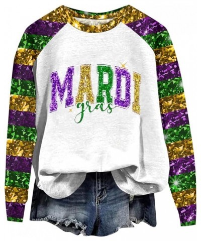 Mardi Gras Shirt Women Tuesday Tee Glitter Mask Graphic Carnival Long Sleeve Shirts New Orleans Party Round Neck Tee Tops 01a...