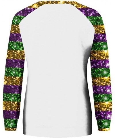 Mardi Gras Shirt Women Tuesday Tee Glitter Mask Graphic Carnival Long Sleeve Shirts New Orleans Party Round Neck Tee Tops 01a...