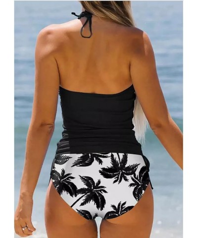 Women's Live Simple Coconut Tree Halter Tankini Set Adjustable Straps Beach Swimsuit Bikini Set Black-3 $16.73 Swimsuits
