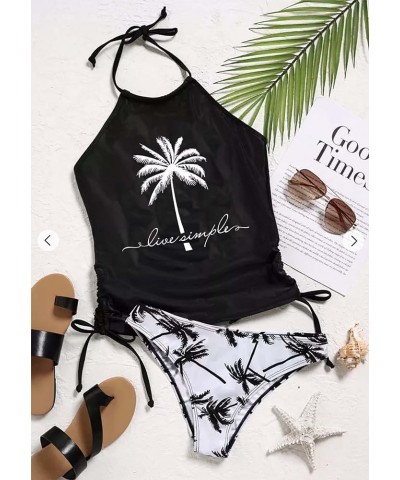 Women's Live Simple Coconut Tree Halter Tankini Set Adjustable Straps Beach Swimsuit Bikini Set Black-3 $16.73 Swimsuits
