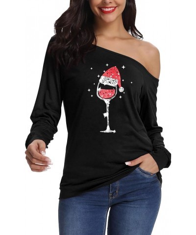 Women's Sexy Off Shoulder Long Sleeve Christmas Letter Print T-Shirt Tunic Tops Holiday Merry Xmas Hoodie A-black Wine Glass ...