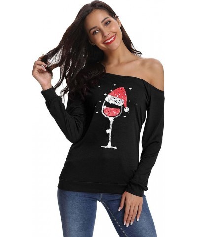 Women's Sexy Off Shoulder Long Sleeve Christmas Letter Print T-Shirt Tunic Tops Holiday Merry Xmas Hoodie A-black Wine Glass ...