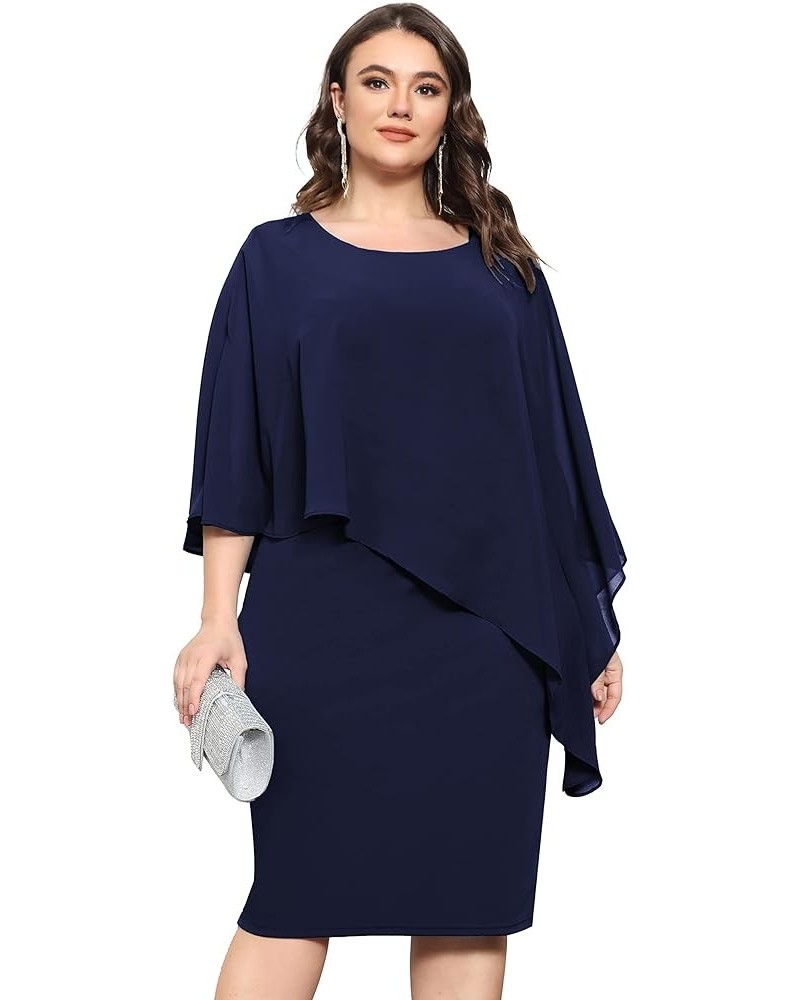 Plus Size Cape Dress for Women Pencil Dress with Chiffon Overlay Wedding Cocktail Party Midi Dress Round Neck Navy Blue $10.3...