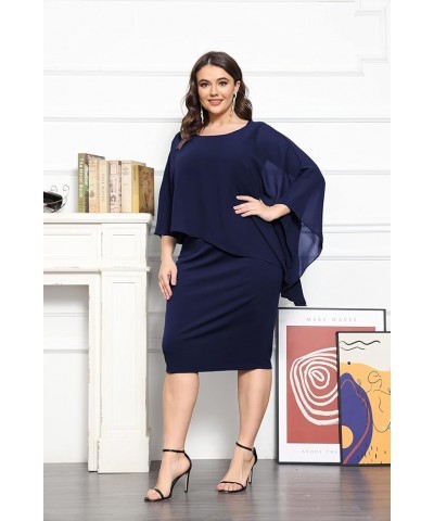 Plus Size Cape Dress for Women Pencil Dress with Chiffon Overlay Wedding Cocktail Party Midi Dress Round Neck Navy Blue $10.3...