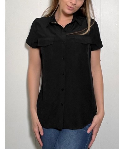 Kwoki Women's Short Sleeve Button Front Shirts Casual Loose Fit Lapel Collar Blouse Tops Black $10.00 Blouses