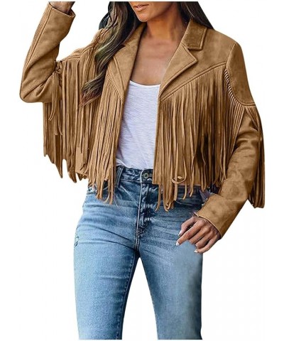 Womens Casual Vintage Cropped Jacket Cowboy Style Long Sleeve Fringe Coat Faux Suede Leather Motorcycle Jackets Tops 2 khaki ...