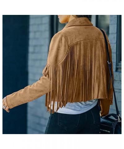 Womens Casual Vintage Cropped Jacket Cowboy Style Long Sleeve Fringe Coat Faux Suede Leather Motorcycle Jackets Tops 2 khaki ...