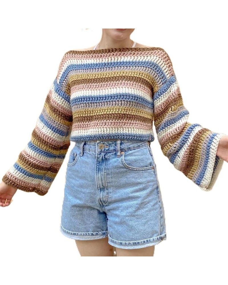 Women Hollow Out Crochet Knit Sweater Crop Tops Color Block Long Sleeve Summer Fall Jumper Pullover Tops Streetwear E3 Brown ...
