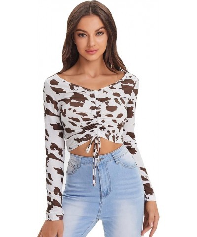 Women's Ruched Drawstring Front Cow Print V Neck Crop Tee Top Brown & White $6.88 T-Shirts