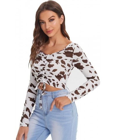 Women's Ruched Drawstring Front Cow Print V Neck Crop Tee Top Brown & White $6.88 T-Shirts