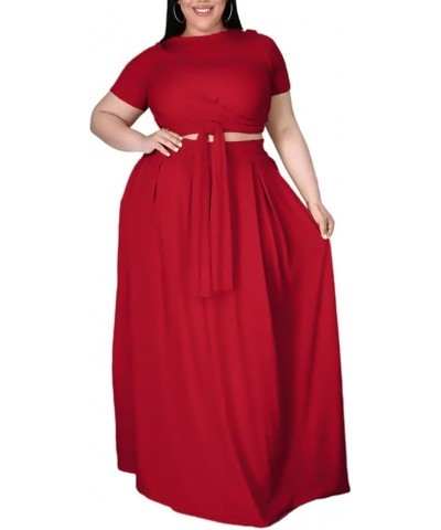 Womens Plus Size 2 Piece Dress Outfits Solid Color Crop Top Maxi Skirts Set Red $31.34 Suits