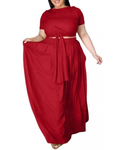Womens Plus Size 2 Piece Dress Outfits Solid Color Crop Top Maxi Skirts Set Red $31.34 Suits