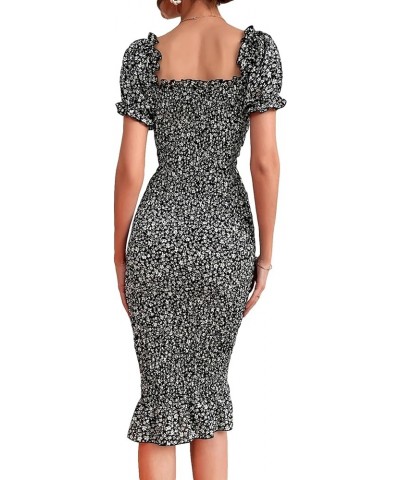 Women's Floral Print Square Neck Puff Short Sleeve Bodycon Midi Dress Black $17.64 Dresses