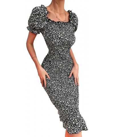 Women's Floral Print Square Neck Puff Short Sleeve Bodycon Midi Dress Black $17.64 Dresses