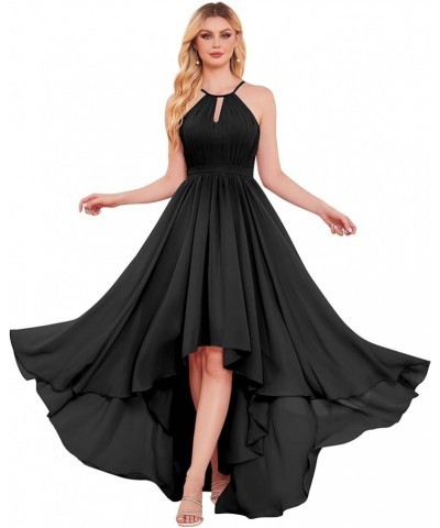 Elegant Halter Neck Bridesmaid Dresses for Wedding Pleated Top Chiffon A Line High Low Prom Dress Formal Gowns Black $30.73 D...
