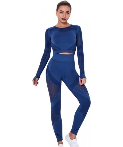 Women's Workout Set 2 Piece Tracksuit Seamless High Waist Leggings and Crop Top Yoga Outfits for Women Navy $13.99 Suits