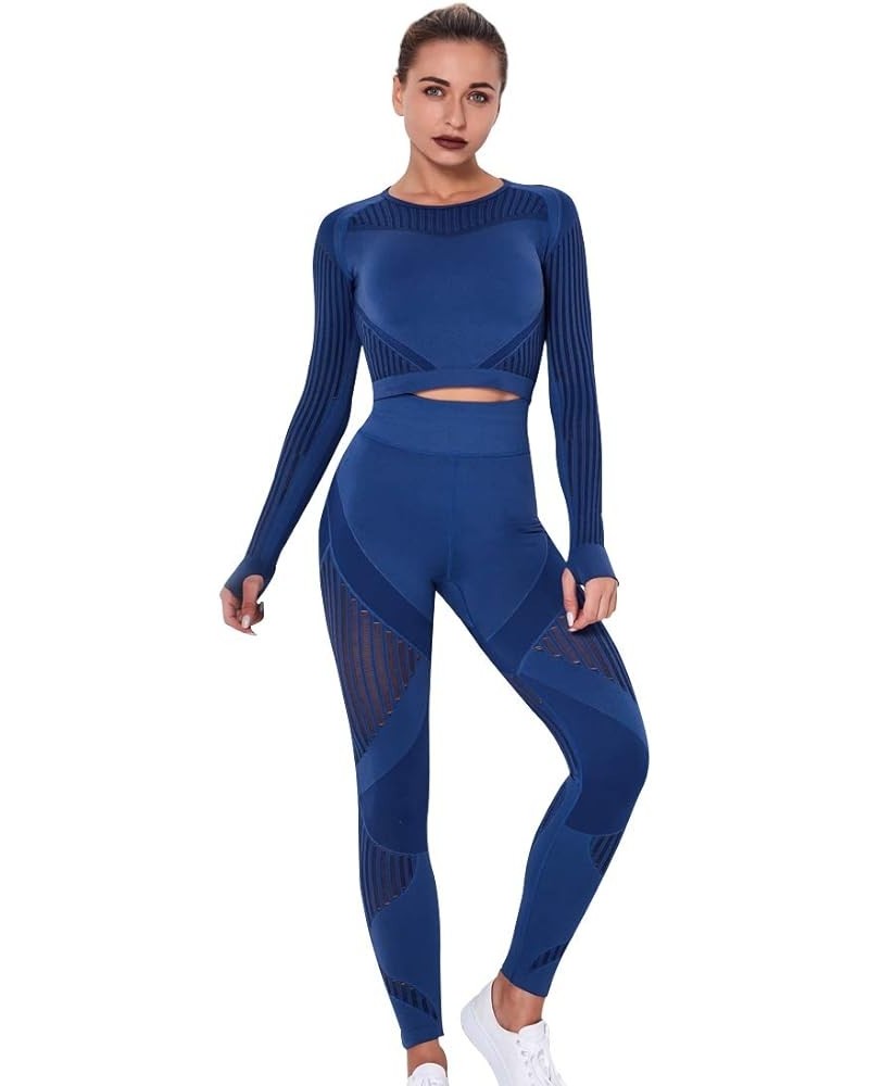Women's Workout Set 2 Piece Tracksuit Seamless High Waist Leggings and Crop Top Yoga Outfits for Women Navy $13.99 Suits