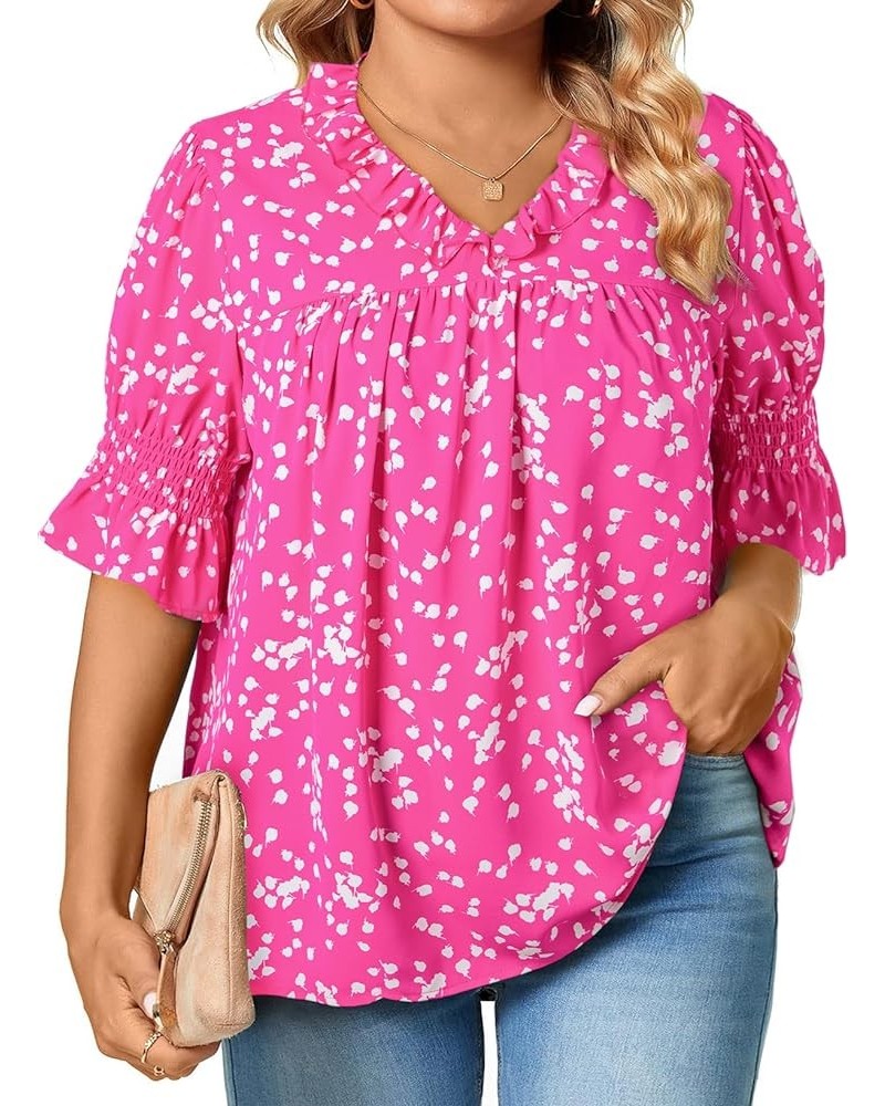 Womens Plus Size Floral Print Blouses V Neck Ruffle Flowy Short Sleeve Shirts Babydoll Casual Tunic Tops(1X-5X) A Pink $13.76...