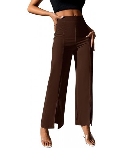 Women's Elegant High Waisted Split Hem Long Pants Straight Leg Zipper Fly Work Office Trousers Brown $24.93 Pants