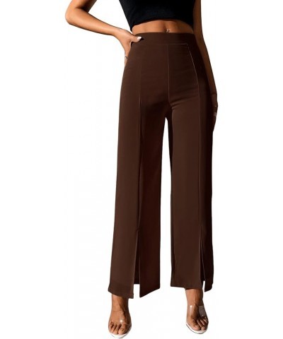 Women's Elegant High Waisted Split Hem Long Pants Straight Leg Zipper Fly Work Office Trousers Brown $24.93 Pants