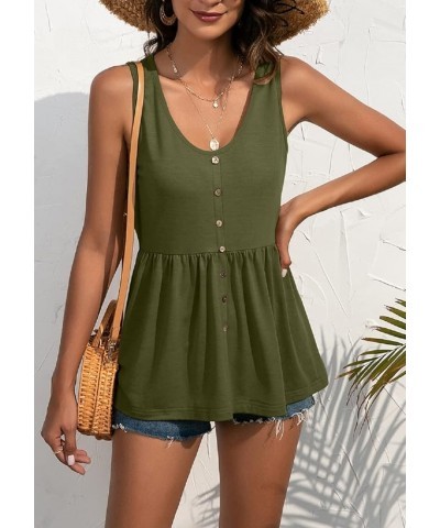 Women's Basic U-Neck Sleeveless Shirred Flowy Peplum Shirt Tank Tops Army Green $11.04 Tops