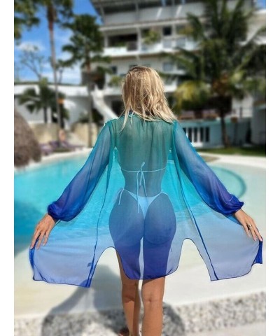 Women's Ombre Split Hem Open Front Kimono Swimsuit Bathing Suit Cover Up Beach Wear Blue $12.60 Swimsuits