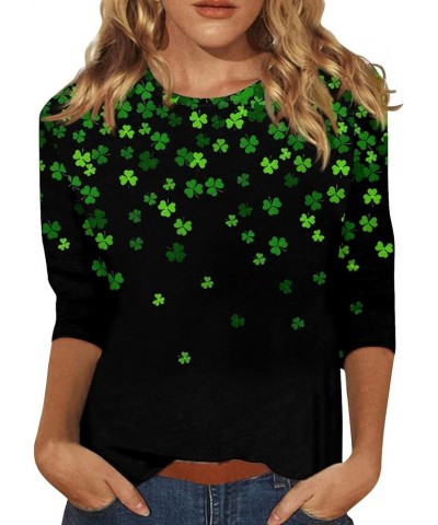 2024 St. Patrick's Day Shirt for Women Three Quarter Sleeve Irish Shamrock Graphic Crewneck Green Tops 36light Green $4.94 Tops