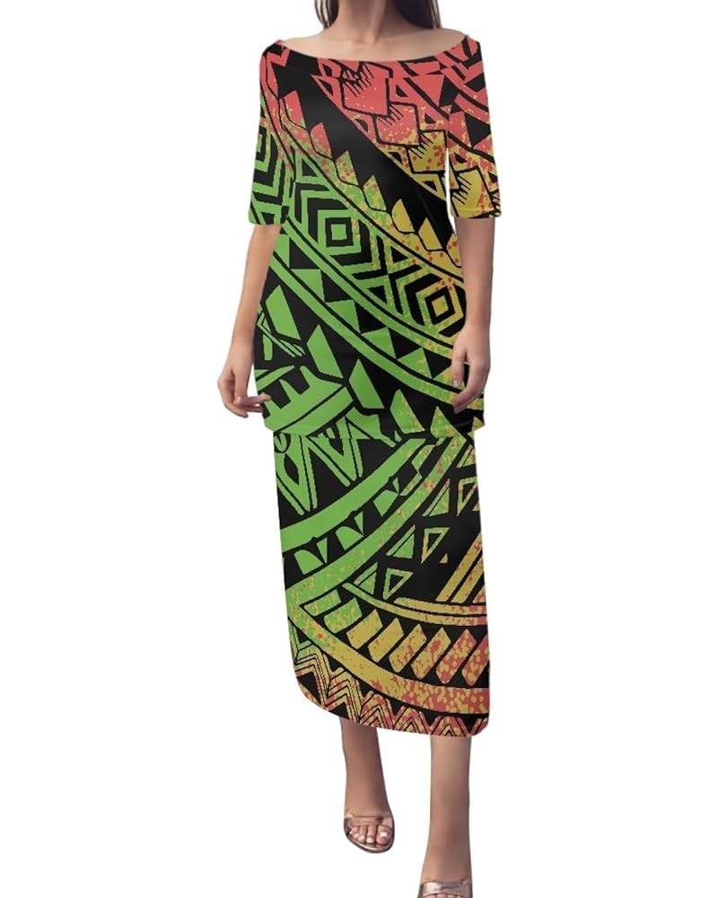 JooMeryer Womens 2 Piece Outfit Polynesian Short Sleeve Pullover Maxi Dress Puletasi Samoan Dress Green Polynesian Samoa $17....