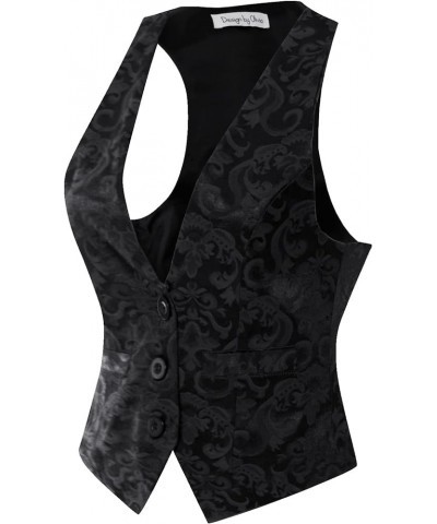 Women's Dressy Casual Versatile Racerback Vest Three Button Tuxedo Suit Waistcoat Jacquard Black $16.93 Vests