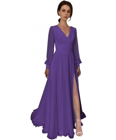 Split Chiffon V Neck Long Sleeve Prom Dresses Formal Dress for Women A-Line Pleated Maxi Gown Purple $33.60 Dresses