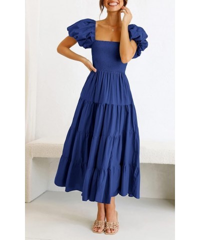 Women's 2024 Summer Casual Boho Beach Dress Square Neck Puff Sleeve High Waist Ruffle Flowy A Line Maxi Sun Dresses Blue $24....