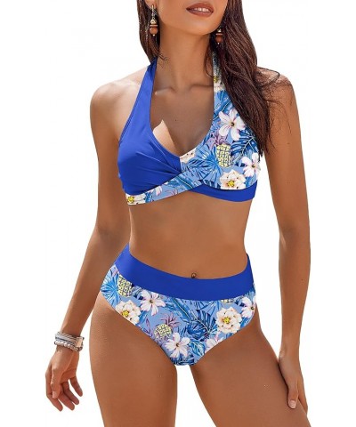 Womens Swimsuits Two Piece High Waisted Tummy Control Bathing Suits Color Block Criss Cross Wrap Front Bikini Sets Blue Flora...