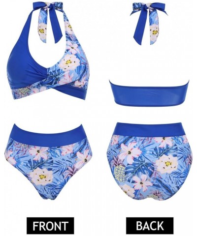 Womens Swimsuits Two Piece High Waisted Tummy Control Bathing Suits Color Block Criss Cross Wrap Front Bikini Sets Blue Flora...