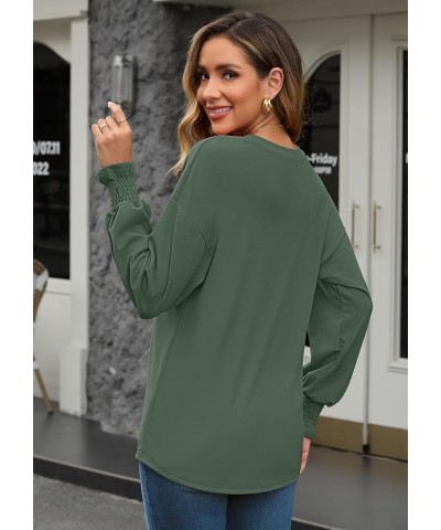 Women's Lantern Long Sleeve Tunic Tops Crewneck Bubble Shirts Loose Fit Sweatshirt Smocked Cuffs Forest Green $12.00 Tops